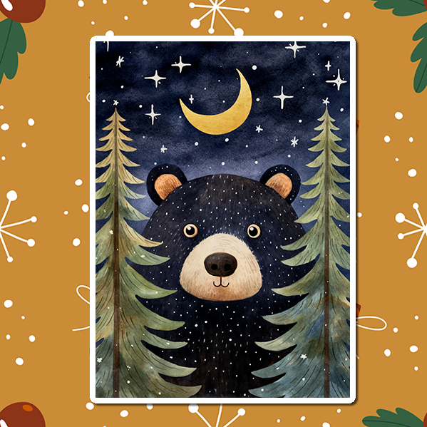 Picture a serene and enchanting scene in the wilderness on a clear Christmas night. The landscape is blanketed in deep snow, and a majestic black bear has emerged from the forest to celebrate the holiday.