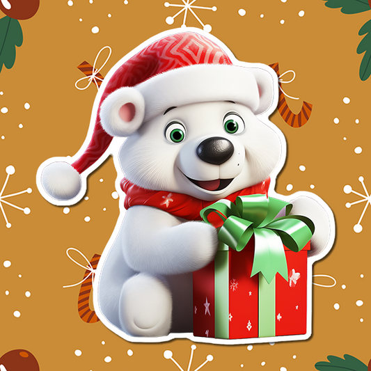 Polar Bear with Present Christmas Vinyl Sticker