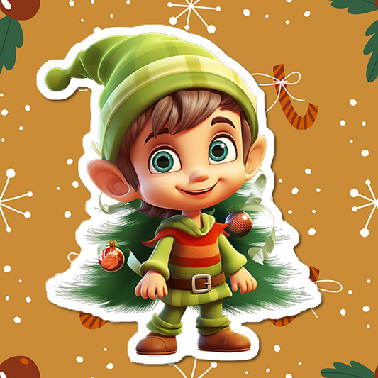 Christmas Elf standing in front of a Christmas tree. Looks to me like the Elf was helping Santa on Christmas eve and was surprised by you!This vinyl sticker sits on a Christmas paper background(for display only). The smallest version of the vinyl sticker makes a great Christmas seal for all your Christmas cards you send to your family and friends.