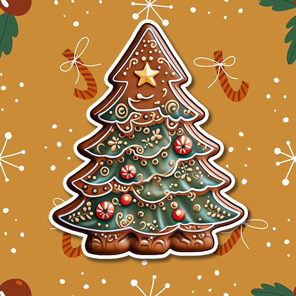 A decorated ginger bread christmas tree cookie vinyl sticker. The cookie is decorated with white icing and a gold star on top. Mint candies and red hots also adorn this cookie.