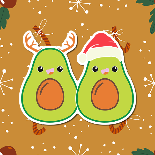 Christmas avocado cut open with Santa on the right side avocado and the  Reindeer the left side avocado, vinyl sticker on a christmas paper background