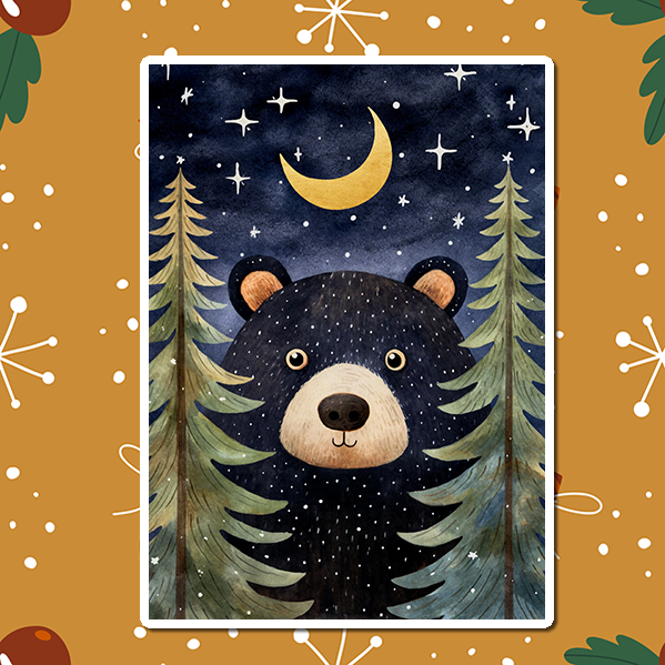 Picture a serene and enchanting scene in the wilderness on a clear Christmas night. The landscape is blanketed in deep snow, and a majestic black bear has emerged from the forest to celebrate the holiday. 