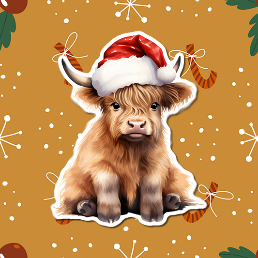 This bull is small, with big, soulful eyes and soft, fuzzy fur. It's adorned with a red and white Santa Claus hat, which perches precariously on its head, giving it a delightful and festive look.  The bull's ears stick out from under the hat, and its gentle expression conveys a sense of curiosity and holiday cheer.