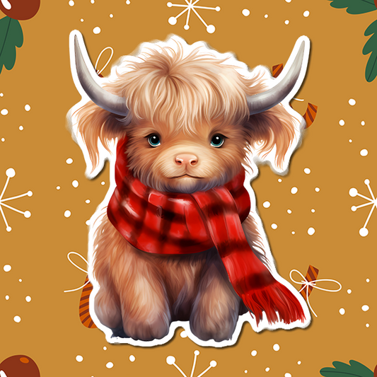 Picture a cozy and adorable scene with a charming Highland cow donning a festive Christmas scarf. This Highland cow in its Christmas scarf perfectly captures the essence of winter and the holiday season. It's an image that radiates warmth and joy, even on the coldest of days.