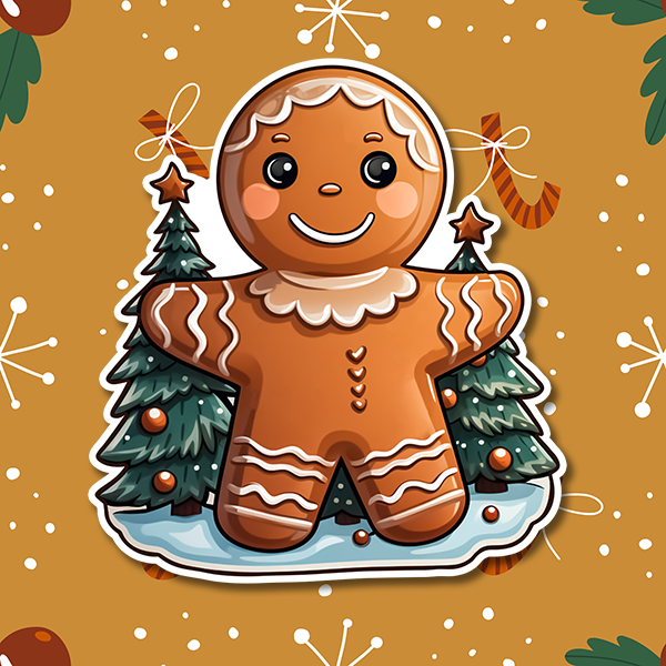 Christmas Ginger Bread boy standing in front of two christmas trees. Decorated with white icing this sticker is placed on a Christmas paper background.