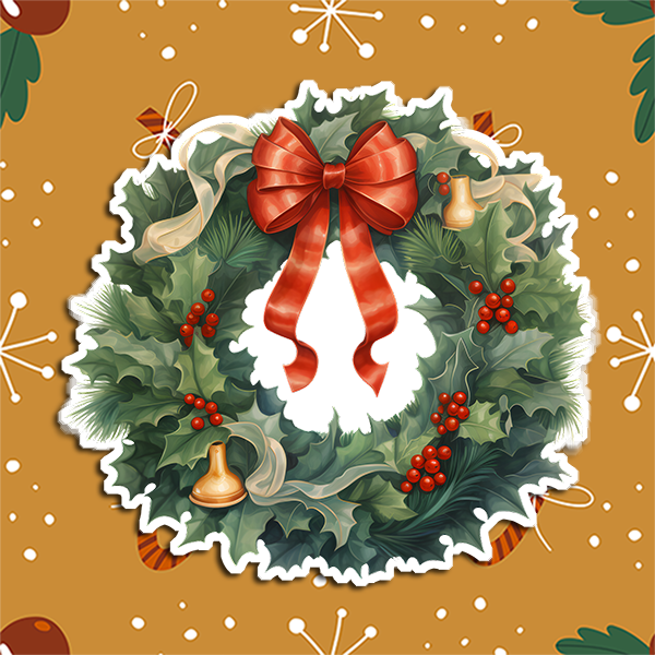 Holly Wreath with Red and Gold Ribbons Vinyl Sticker