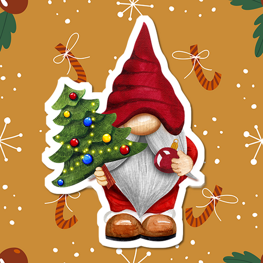 Christmas gnome with Christmas Tree with lights and decorations vinyl sticker.