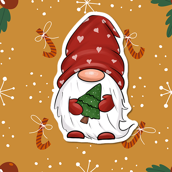 Gnome with Christmas tree wearing a red stocking cap with pick hearts on it vinyl sticker.