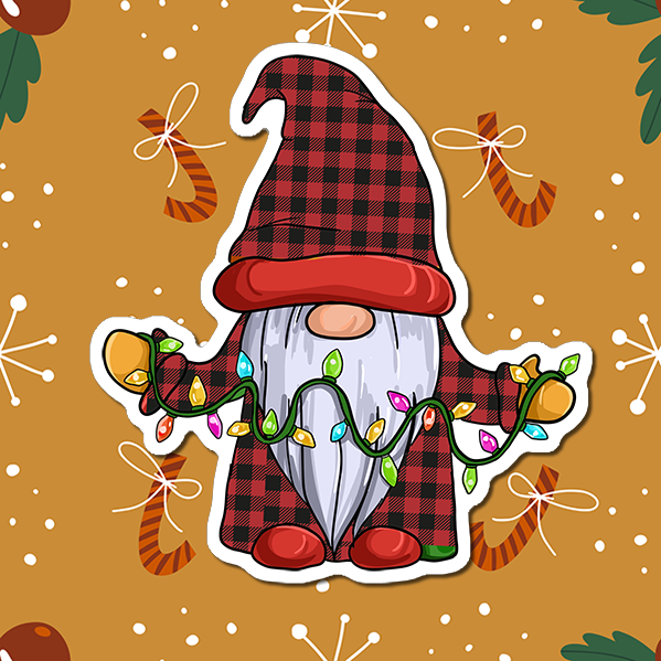 Gnome with Lights Dressed in all plaid Christmas Vinyl Stickerf