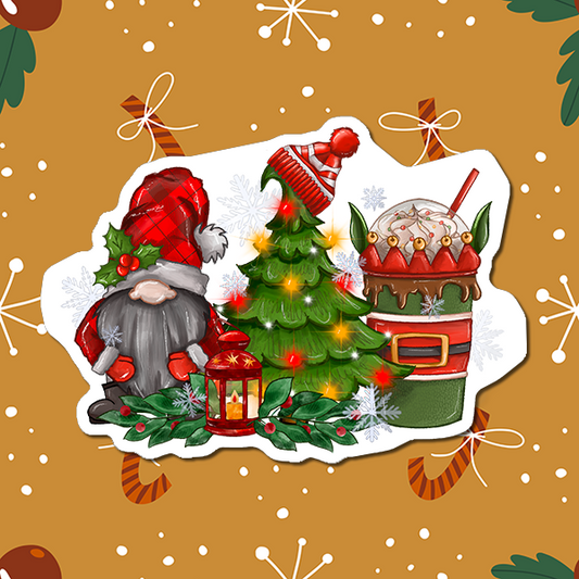 Gnome with Christmas Tree and Cocoa Vinyl Sticker