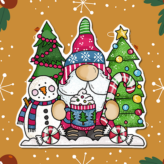 Gnome with Snowman Standing by Christmas Trees drinking Hot Cocoa