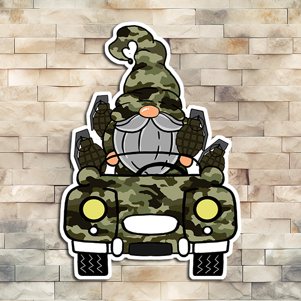 Gnome with Jeep and Grenades Vinyl Stickers