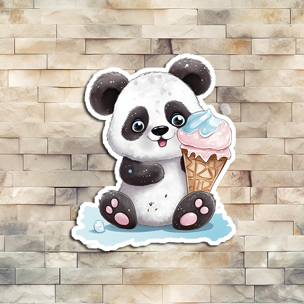 Panda eating an ice cream cone as it drips down and it is sitting in a blue puddle of melting ice cream