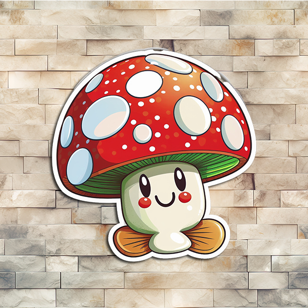 A red and white polka dotted mushroom with a smiling face on the stem so the cap looks like a hat