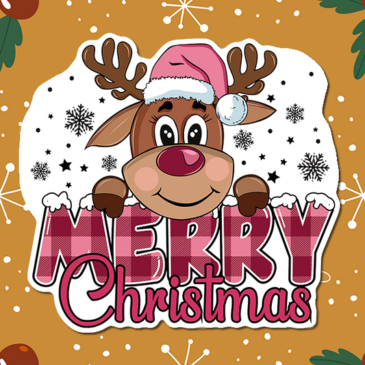 Reindeer with Pink Plaid Merry Chrismas Vinyl Sticker