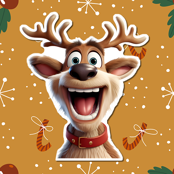 Reindeer Laughing Christmas Vinyl Sticker displayed on Christmas Wrapping paper.