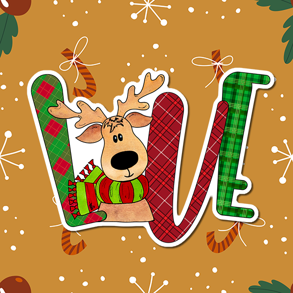 Reindeer with green and red plaid Love Christmas Vinyl Sticker