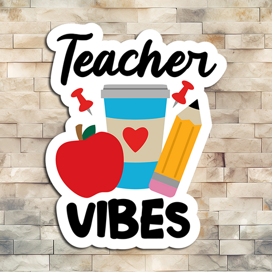 Achieve peak teacher swag with this awesome teacher vibes vinyl sticker! It features an apple, pencil, and coffee-to-go cup, sending the message of a hectic yet fulfilling lifestyle. Stick it anywhere and show off your teacher pride in style!