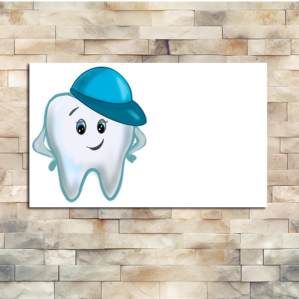 A tooth with a blue baseball cap and a smiling face.