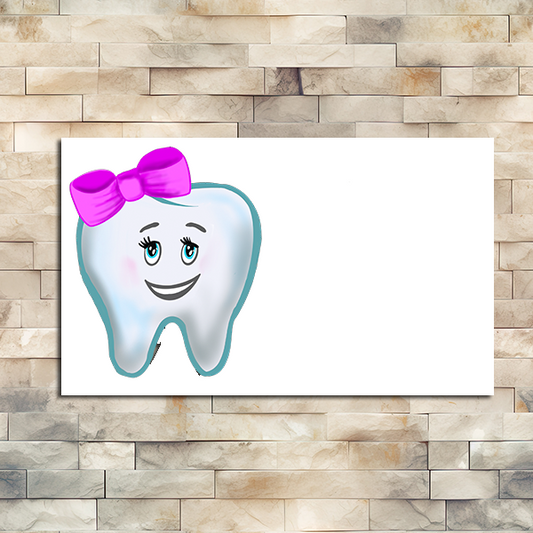 A tooth with a smiling face and a pink bow.