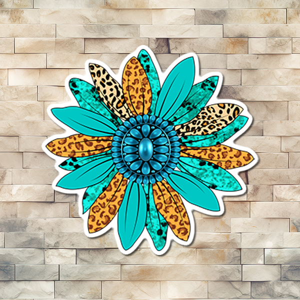 Turquoise Leopard Daisy Vinyl Sticker