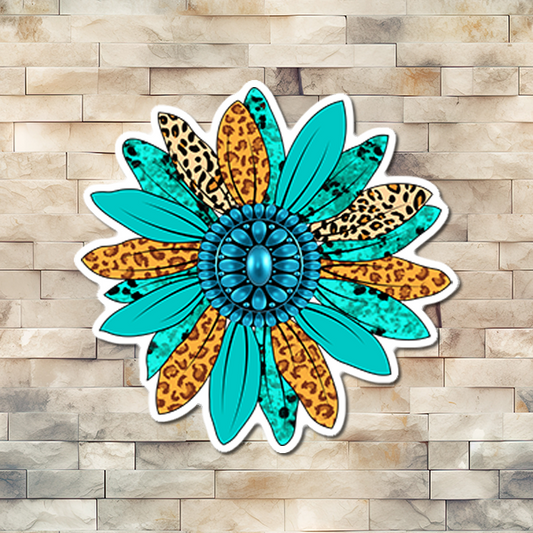 Turquoise Leopard Daisy Vinyl Sticker