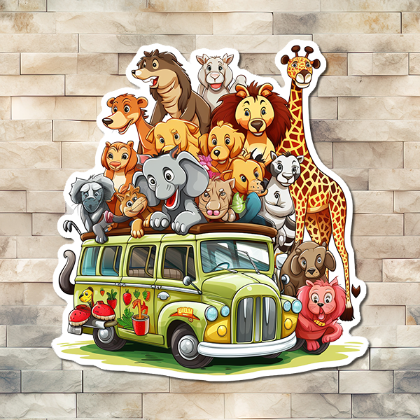 Hop on board this wild ride! Our Wild Animals Green Bus Vinyl Sticker will take you on a wild adventure with over a dozen creatures from the animal kingdom, all trying to squeeze into one sweet ride! Get wild!