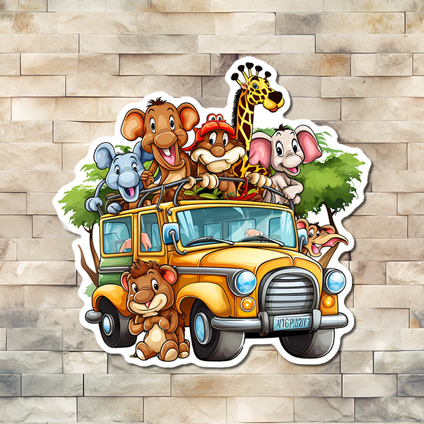 Jump on the wild side with this fun and quirky vinyl sticker, featuring a yellow-green bus packed with wild jungle animals! Enjoy a roomful of vibrant colors and take your decorating to the next level. Whether you're a fan of the wild or just looking to add some wildness to your interior, this is the perfect addition!